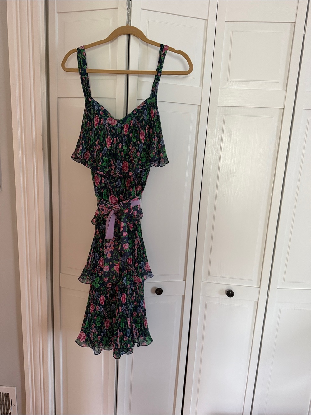 Floral Ruffle Tiered Spaghetti Strap Dress - Pink & Green